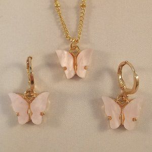 Gold Plated Pink Opal Resin Butterfly Earrings Pendant Necklace Set 18" Gift